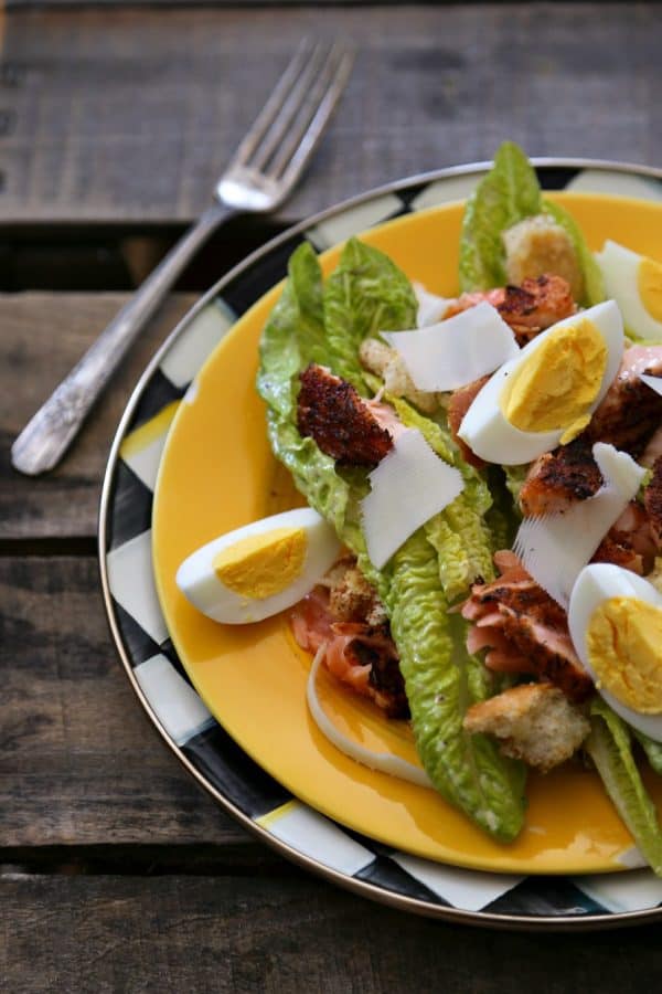 Blackened Salmon Caesar Salad hard boiled eggs Parmesan from foodiewithfamily.com