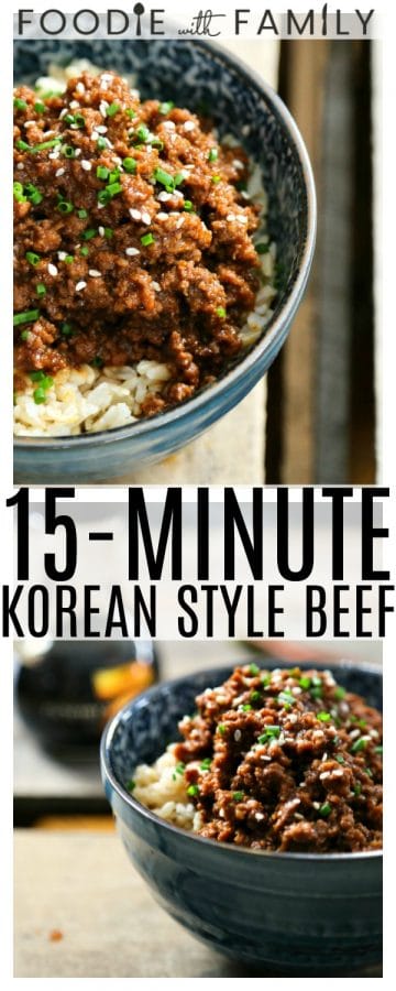 15 Minute Korean Style Beef is a lightning fast entree reminiscent of Korea's classic bulgogi's sweet and spicy elements, but is done in 15 minutes and is significantly easier on the wallet, substituting ground beef for the usual flank steak or tenderloin, without sacrificing any of the deliciousness!