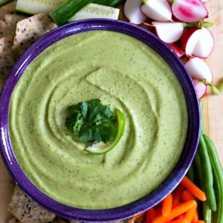 Cilantro Jalapeno Hummus for dipping and sandwich spread from foodiewithfamily.com