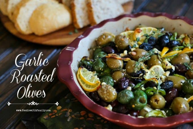 Garlic Roasted Olives with lemon, thyme, feta, and peppers from foodiewithfamily.com