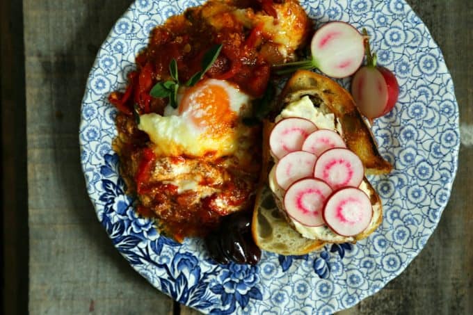 Slightly spicy Portuguese Style Baked Eggs with radish and butter toast from foodiewithfamily.com