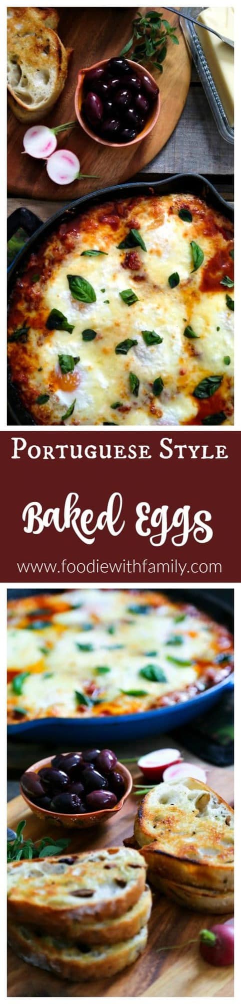 Portuguese Style Baked Eggs. Spicy tomato and red pepper sauce, three cheeses, fresh herbs from foodiewithfamily.com