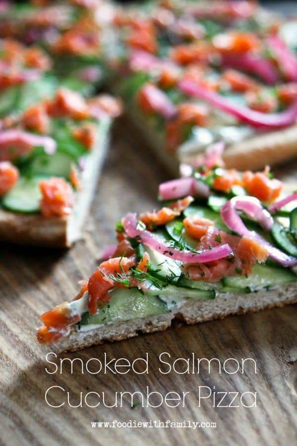 Smoked Salmon Cucumber Cream Cheese Pizza foodiewithfamily.com