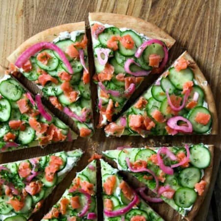 Smoked Salmon Cucumber Cream Cheese Pizza foodiewithfamily.com