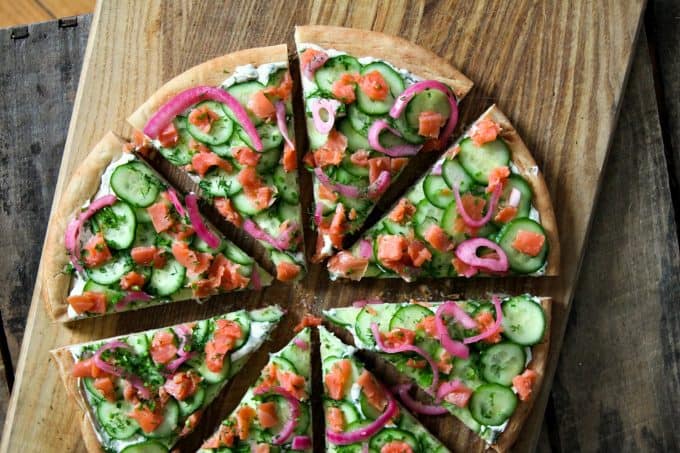 Smoked Salmon Cucumber Cream Cheese Pizza foodiewithfamily.com