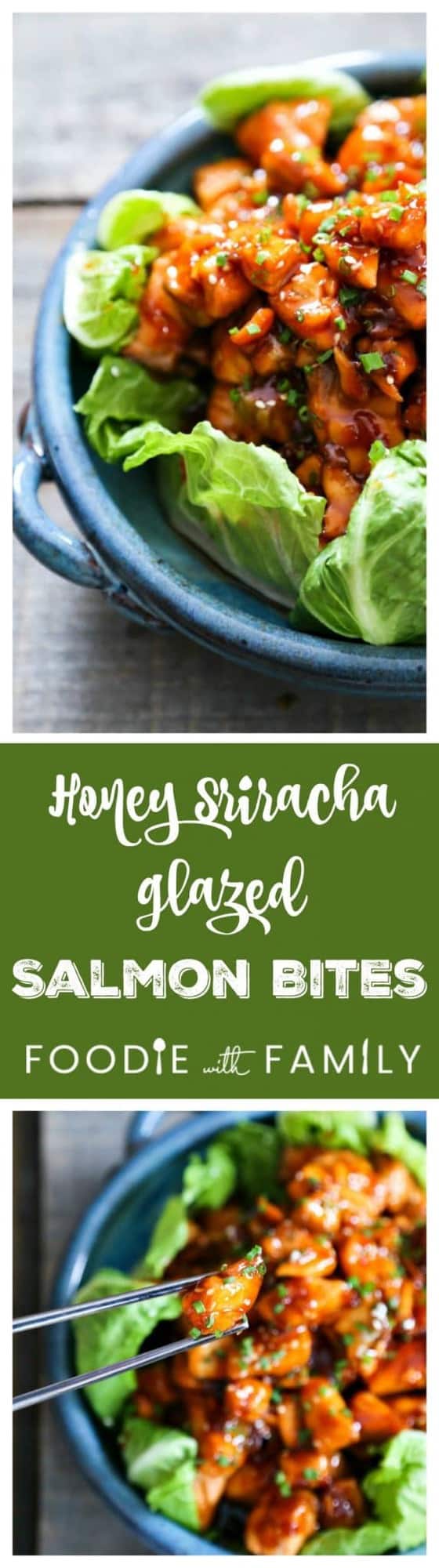 Honey Sriracha Glazed Salmon Bites: Tender salmon tossed in a sticky, sweet, spicy mahogany sauce. Serve in lettuce wraps, or on hot rice.
