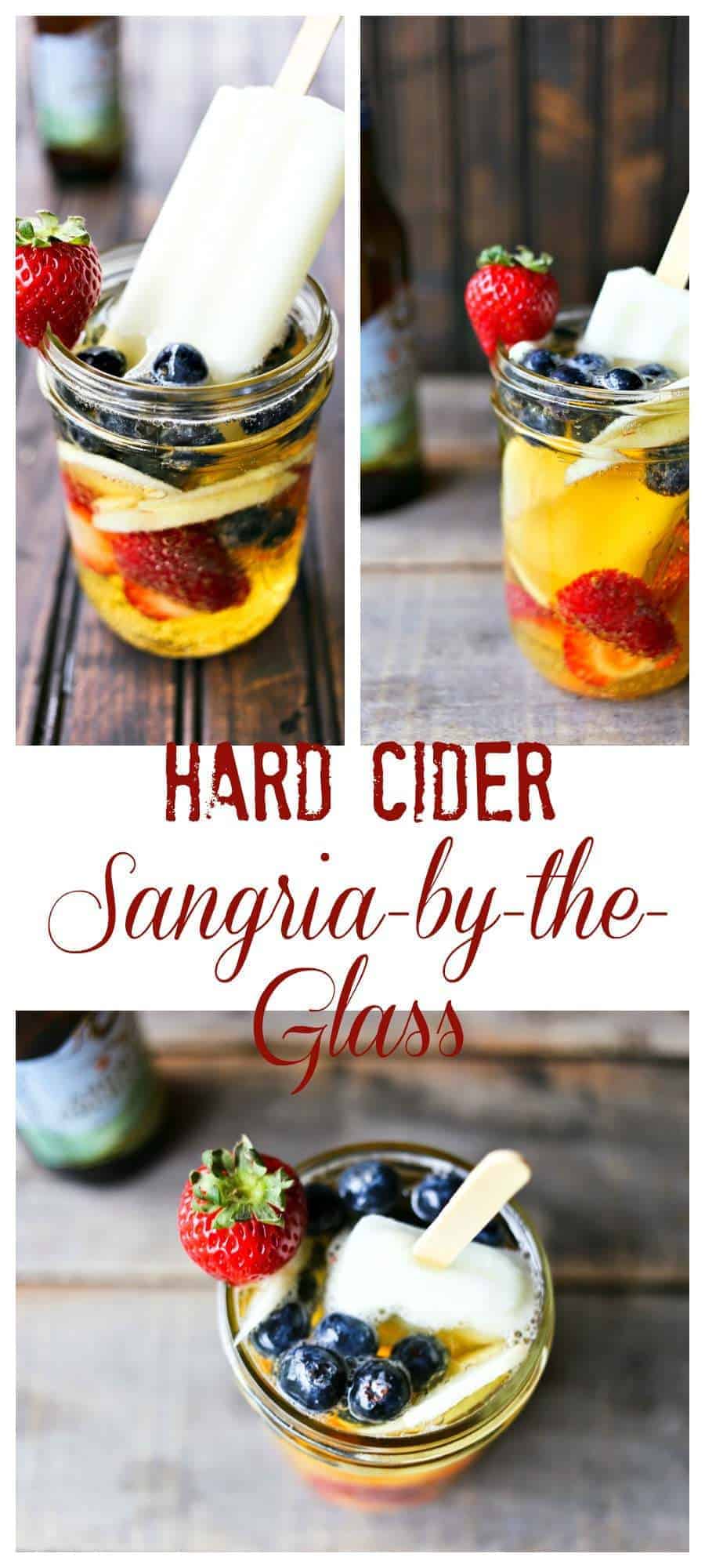 Hard Cider Sangria-by-the-Glass is fresh fruits soaked in crisp hard cider with a lime ice pop stir stick.