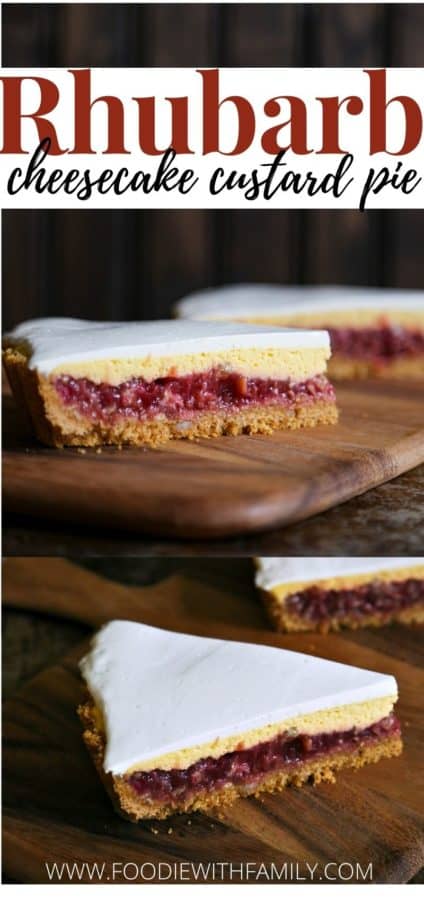 Rhubarb Custard Pie starts with a simple crumb crust that is filled with a tart and sweet rhubarb vanilla filling covered by thin layer of cheesecake and topped with a smooth-as-silk tangy yogurt layer. It's spring and summer perfection, folks.