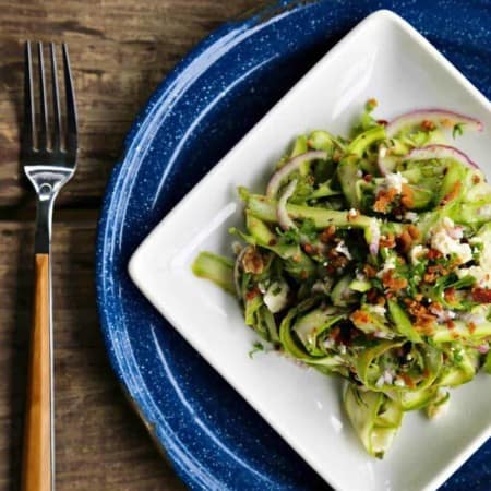 Shaved Asparagus Bacon Salad with Blue Cheese and Buttermilk Vinaigrette from foodiewithfamily.com