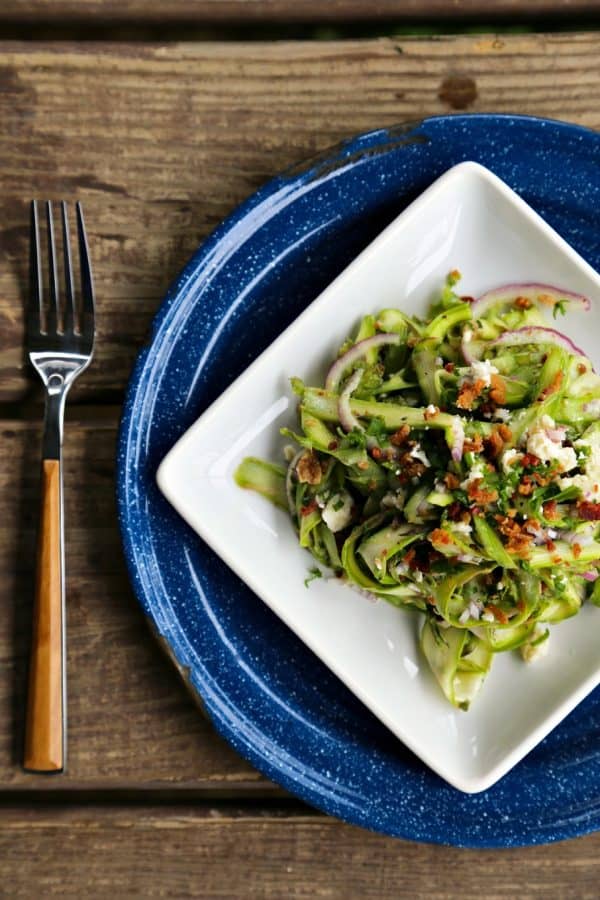 Shaved Asparagus Bacon Salad with Blue Cheese and Buttermilk Vinaigrette from foodiewithfamily.com