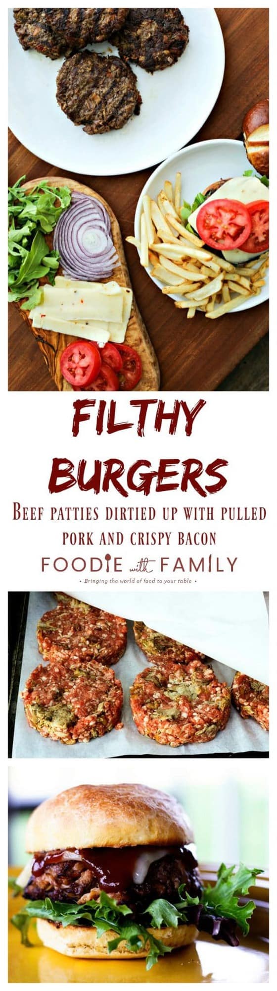 Filthy Burgers: Beef burgers filthied up with loads of pulled pork and crispy bacon in them!