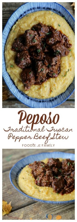 Fall-apart tender cubes of beef braised in a gently garlicky, bold red wine and black pepper sauce make the traditional Tuscan Peposo - Peppered Beef Stew.