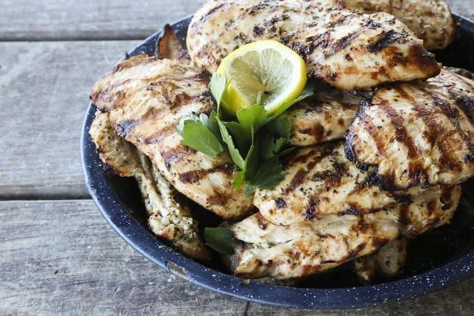 Juicy, grilled Greek Lemon Garlic Chicken from foodiewithfamily.com