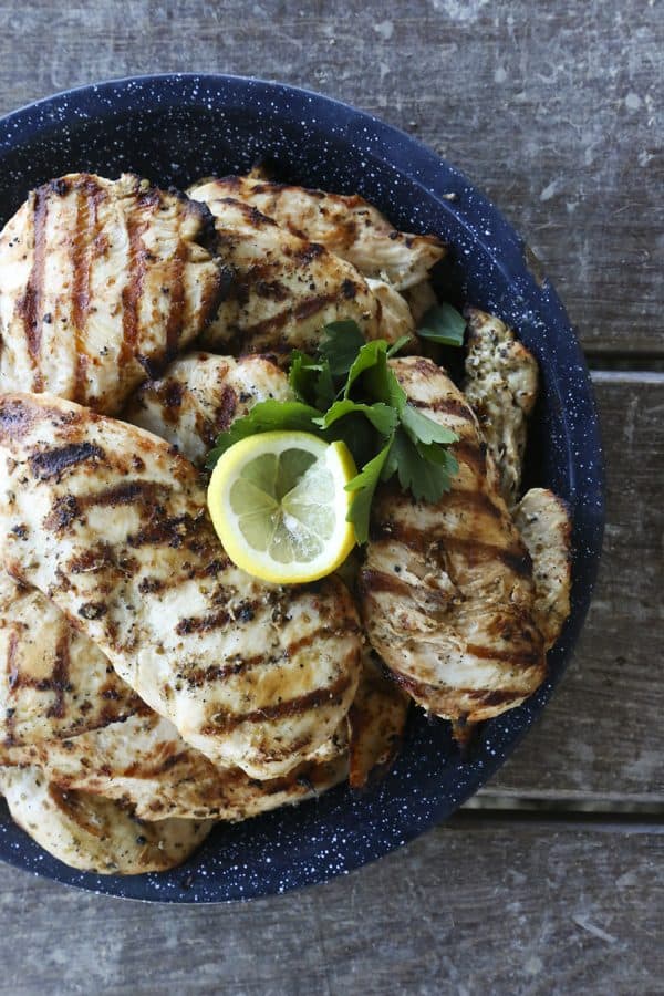 Juicy, grilled Greek Lemon Garlic Chicken from foodiewithfamily.com