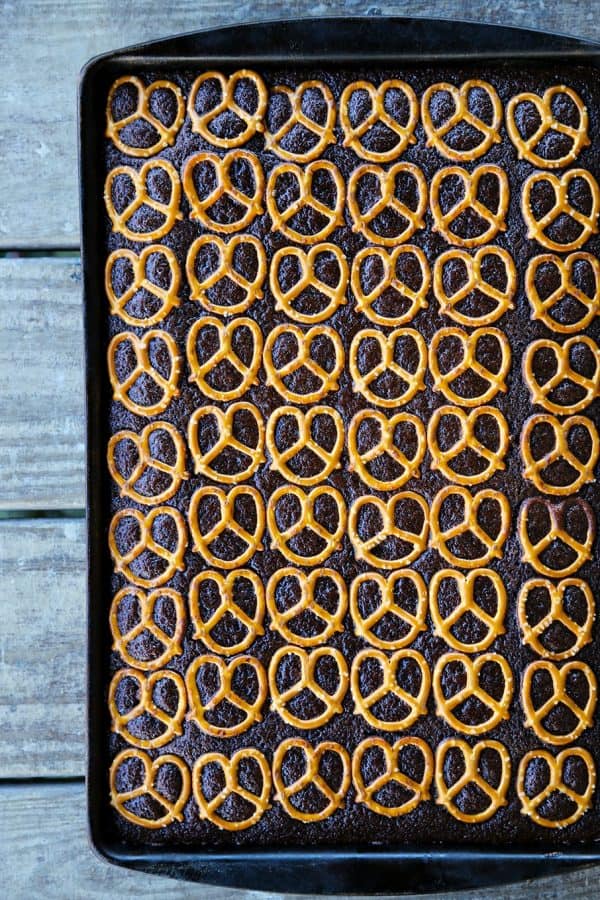 Chocolate Pretzel Sheet Cake from foodiewithfamily.com