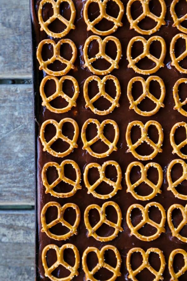 Chocolate Pretzel Sheet Cake from foodiewithfamily.com