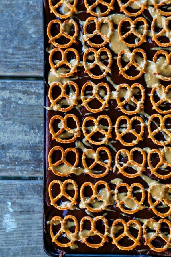 Peanut Butter Drizzled Chocolate Pretzel Sheet Cake from foodiewithfamily.com