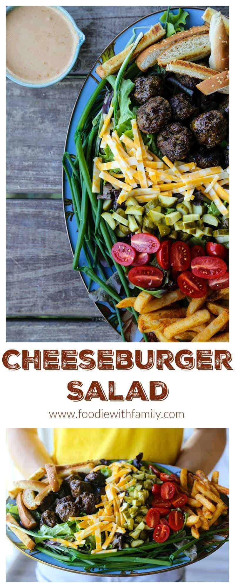 Cheeseburger Salad from foodiewithfamily.com with sesame bun croutons. grilled meatballs and green onions, cheese, pickles, tomatoes, and hot fries.