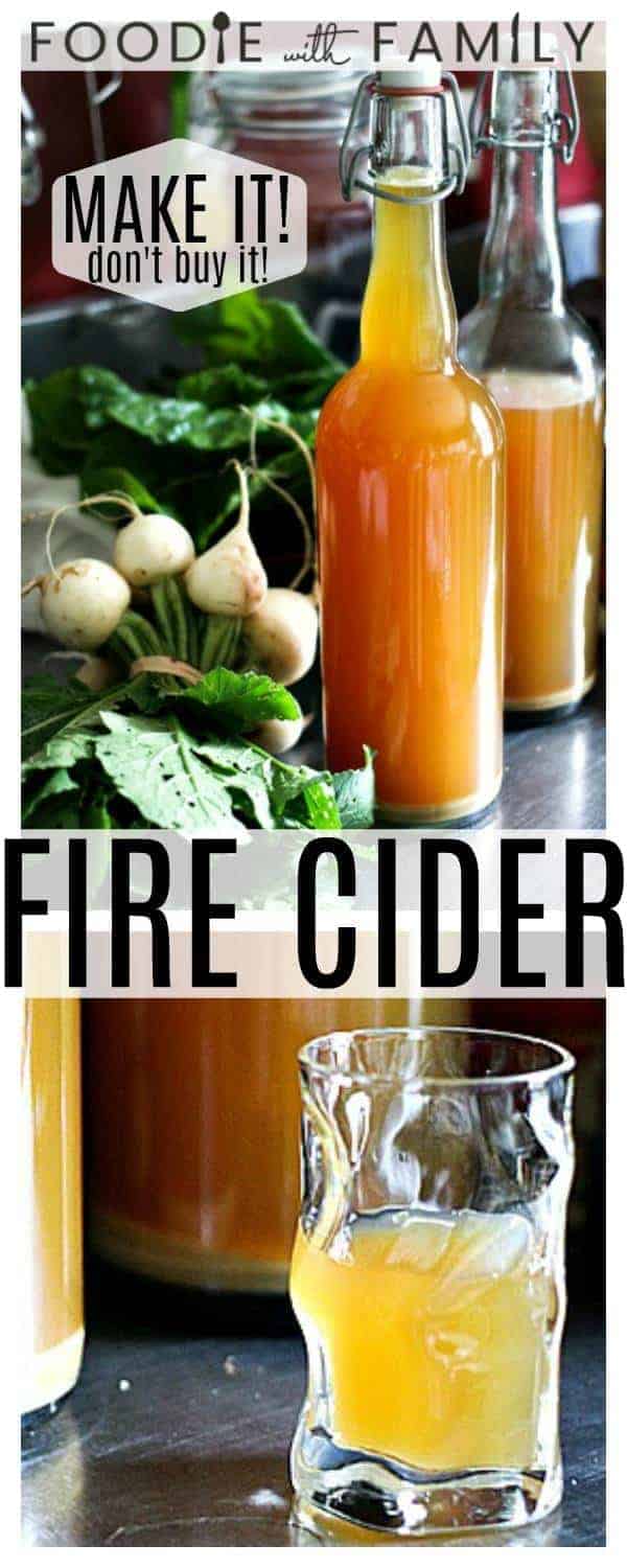 Fire Cider: call it a folk remedy, health tonic, or homeopathic remedy, but one thing is certain, and that is that it's delicious.
Raw apple cider vinegar is infused with the health promoting ingredients ginger, garlic, onions, citrus fruit, horseradish, turmeric, and hot pepper, then mixed with raw honey to balance the tart spiciness of the vinegar.
Whether you consume it as a daily health shot to help boost your immunities or mix into cocktails, you're going to love it!