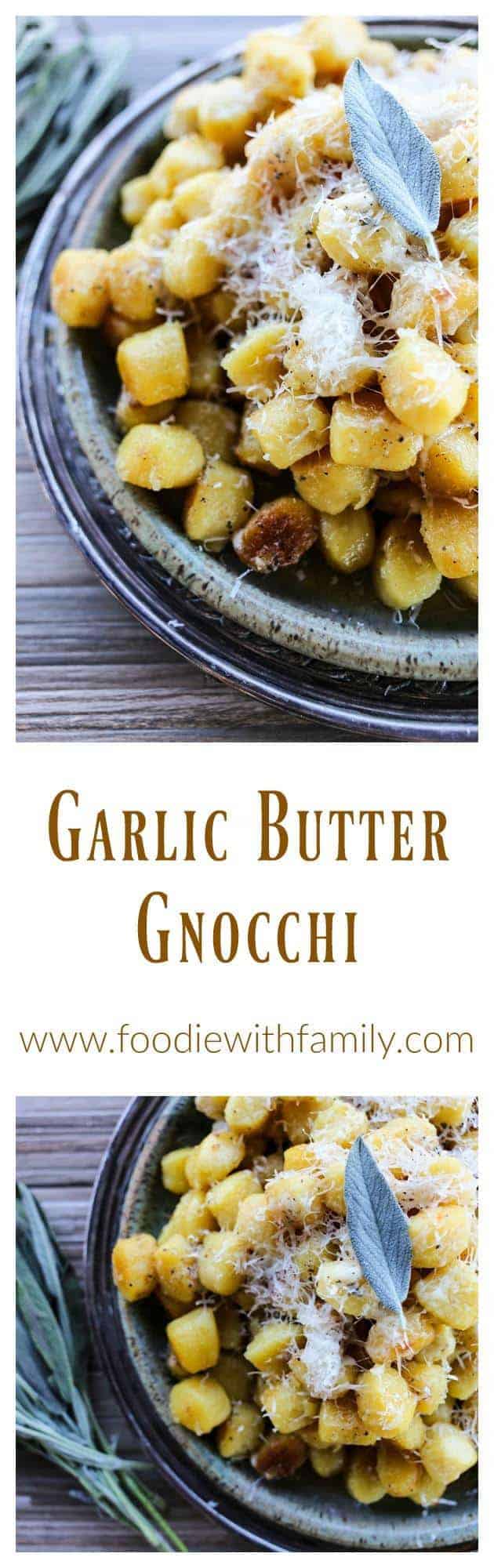 Amazingly easy and comforting Garlic Butter Gnocchi with sage and Parmesan cheese.
