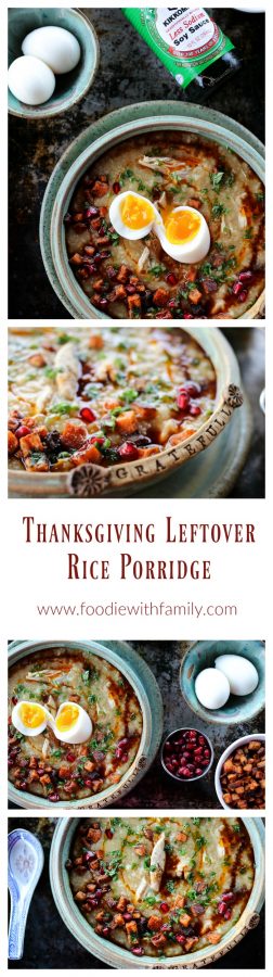 Leftover Thanksgiving Rice Porridge made with your picked over Thanksgiving turkey carcass, some water, some rice, and some soy sauce. It's magic.