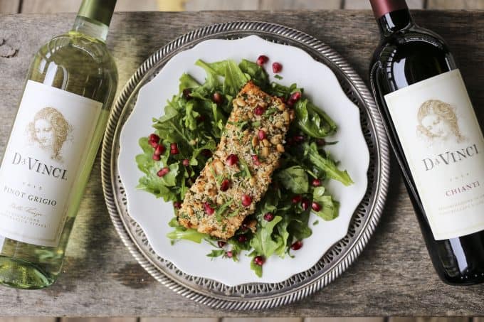 This simple and stunning Crispy Skin Salmon with Pine Nut and Parsey Crust is a showstopper of a main dish or a beautiful part of any Feast of the Seven Fishes and pairs equally well with red or white wine. #sponsored