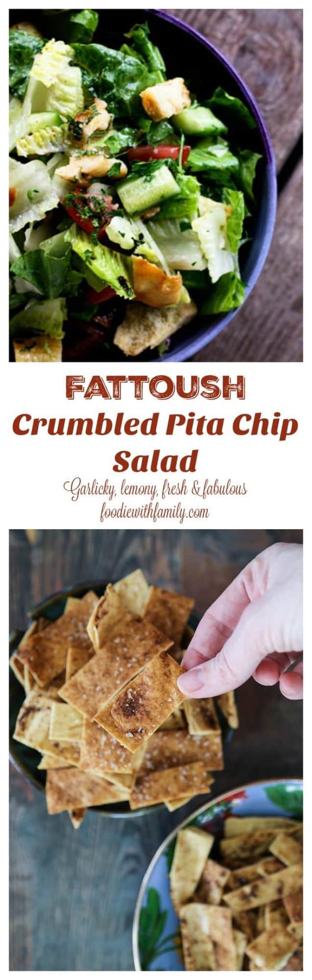 Fresh, garlicky, lemony Fattoush -Crumbled Pita Chip Salad: fresh enough to lift the winter doldrums or make your summer happy!