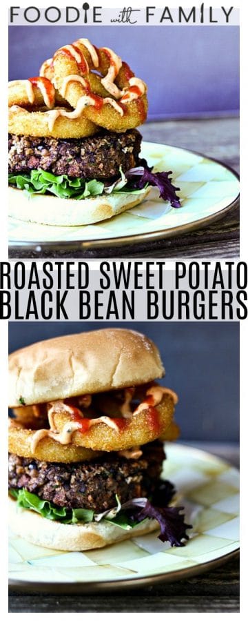 Roasted Sweet Potato Black Bean Burgers: Black Bean Burgers get extra wow from caramelized Roasted Sweet Potato Bits & delicious Smoked Paprika Chipotle Sauce. 