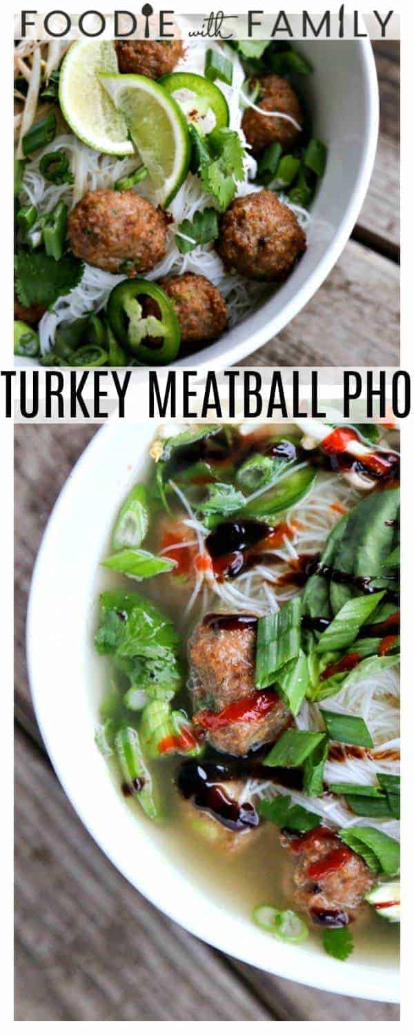 Turkey Meatball Pho with scads of herbs, green onions, bean sprouts, paper thin jalapenos, & lime wedges are perched on rice noodles in a aromatic broth.