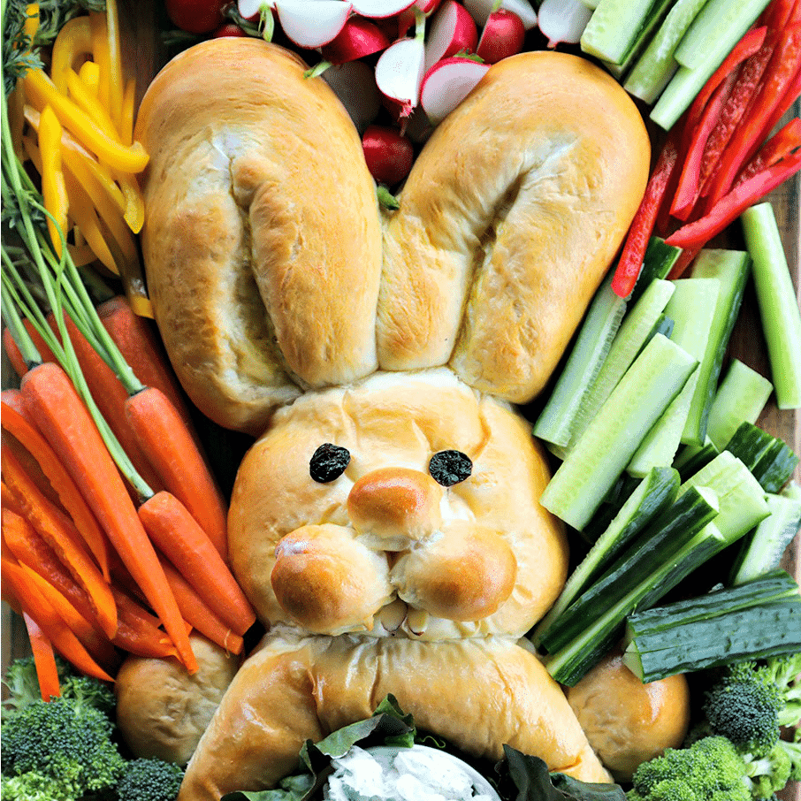 Easter Bunny Bread with dip and vegetables Foodie with Family