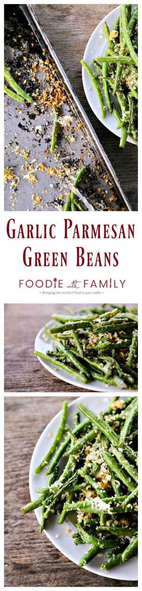 Garlic Parmesan Green Beans: Simple roasted green beans irresistibly coated in crispy garlic, parmesan breadcrumbs.