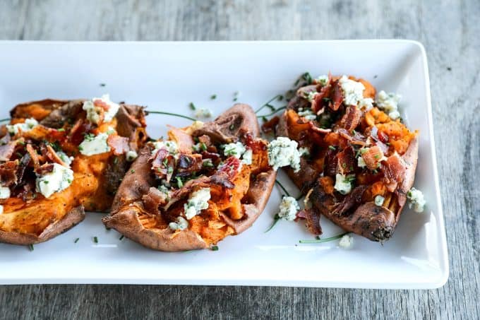 Crisp on the edges and tender at the center, these Smashed Sweet Potatoes with Bacon and Bleu Cheese are a simple but stunning side dish to accompany any grilled or roasted meat or a lovely light meal on their own.