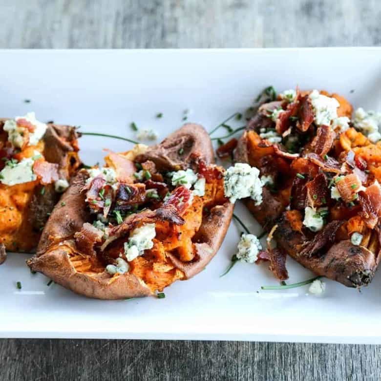 Crisp on the edges and tender at the center, these Smashed Sweet Potatoes with Bacon and Bleu Cheese are a simple but stunning side dish to accompany any grilled or roasted meat or a lovely light meal on their own.