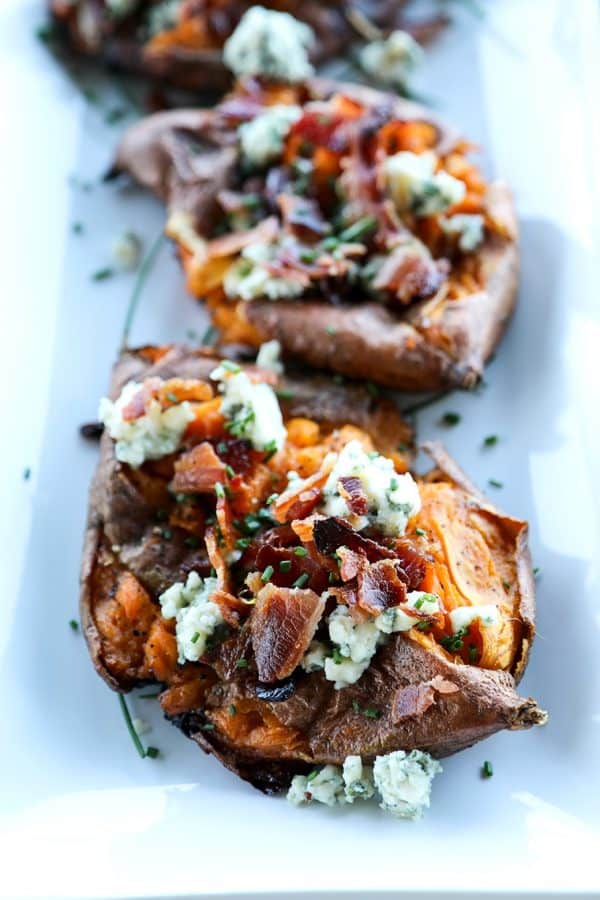 Crisp on the edges and tender at the center, these Smashed Sweet Potatoes with Bacon and Bleu Cheese are a simple but stunning side dish to accompany any grilled or roasted meat or a lovely light meal on their own.