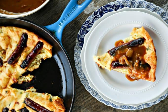 Toad in the Hole: this English classic breakfast makes a fantastic brunch recipe with the roasted sausages and crisp edged puff pancake. For the ultimate in comfort, spoon flavourful onion gravy over the top!