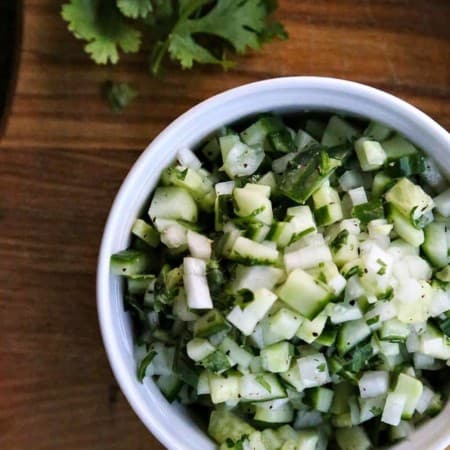 Crunchy, refreshing, cooling Cucumber Sweet Onion Salsa from foodiewithfamily.com