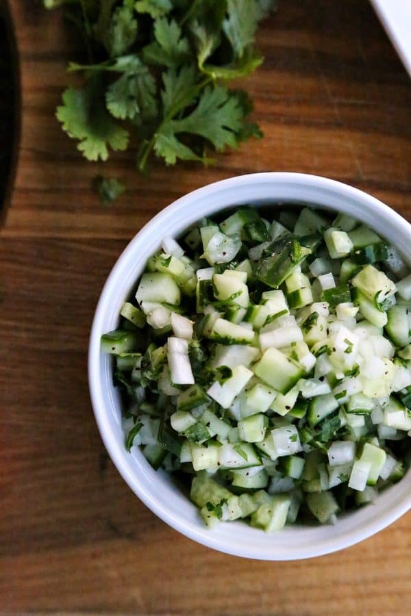 Crunchy, refreshing, cooling Cucumber Sweet Onion Salsa from foodiewithfamily.com