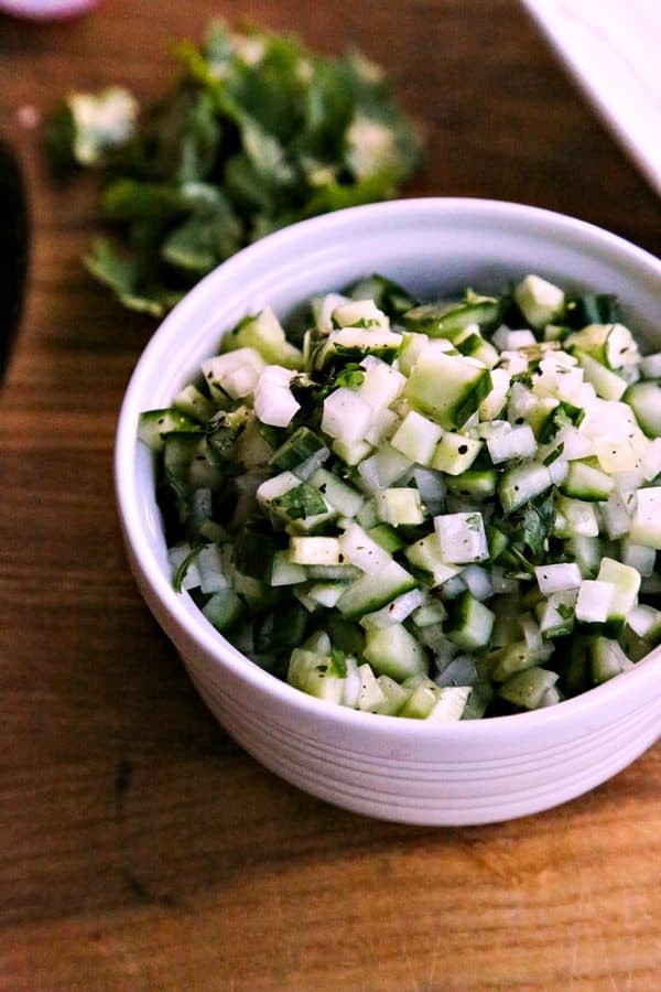 Crunchy, refreshing, cooling Cucumber Sweet Onion Salsa from foodiewithfamily.com