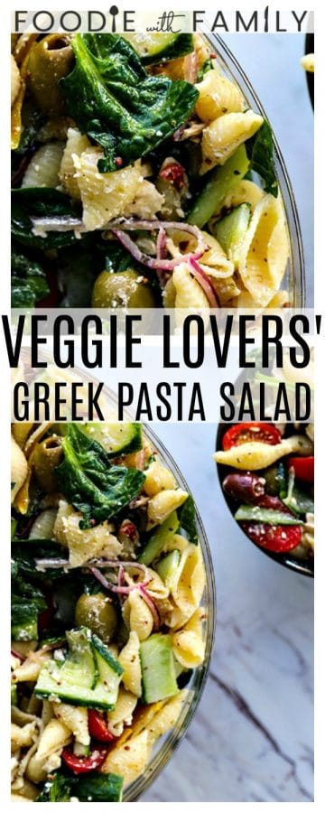 Vegetable lovers rejoice! This Veggie Lover's Greek Pasta Salad is absolutely bursting with baby spinach, cucumbers, tomatoes, bell peppers, Greek olives, and red onions all in a tantalizing garlicky herbed lemon dressing.