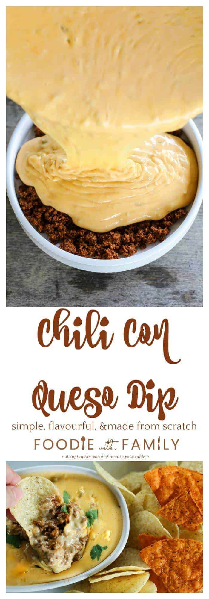 Ooey-gooey, chile studded heavenly queso smothers your favourite chili for a bowl of the ultimate Chili Con Queso Dip. Get those chips ready to go!