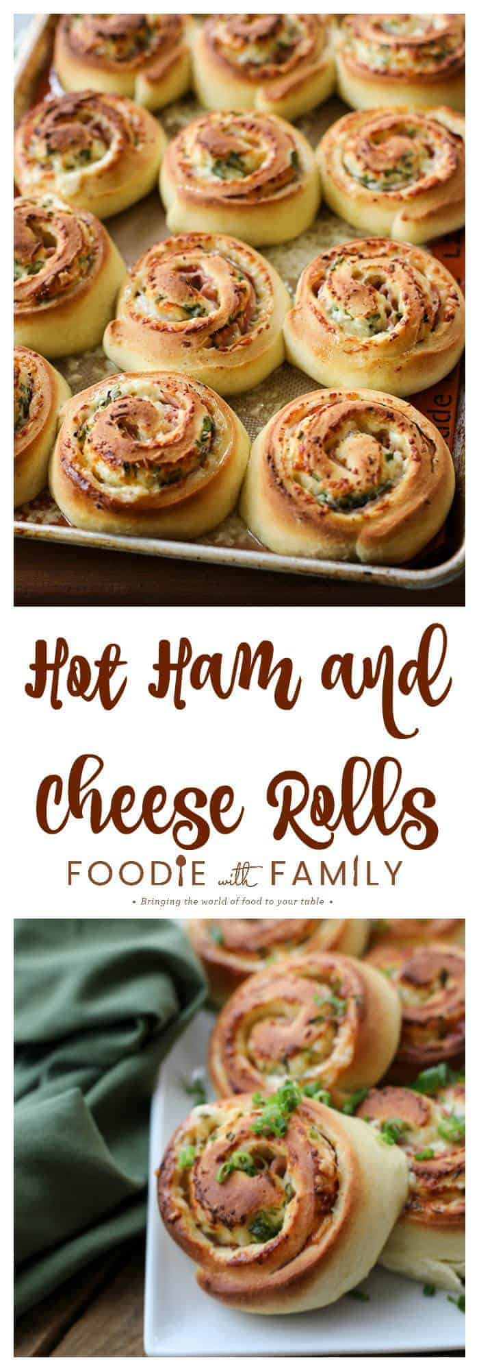 Hot Ham and Cheese Rolls: best bread dough wrapped around smoky ham, piles of Cheddar cheese, and green onions, sliced, and baked to tender perfection.