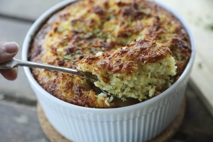Easy Rice and Cheese Souffle is a delicious, comforting, quick, and frugal dinner when accompanied by a green salad!