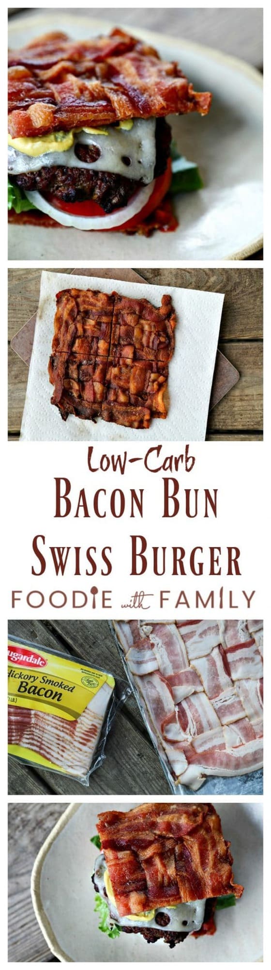 This Low-Carb Bacon Bun Swiss Burger is still seriously indulgent with a basket-weave bacon bun, melted Swiss cheese, a ground chuck burger, a hint of Dijon mustard, leaf lettuce, fresh tomato, and sweet onion. Hang onto that last bit of summer!