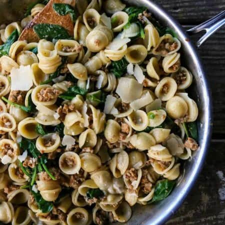 Creamy Spinach Sausage Pasta is a perfect, fast, weeknight meal that is good enough to serve to company.