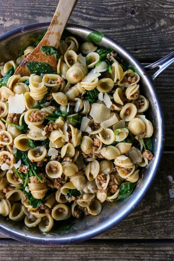 Creamy Spinach Sausage Pasta is a perfect, fast, weeknight meal that is good enough to serve to company.