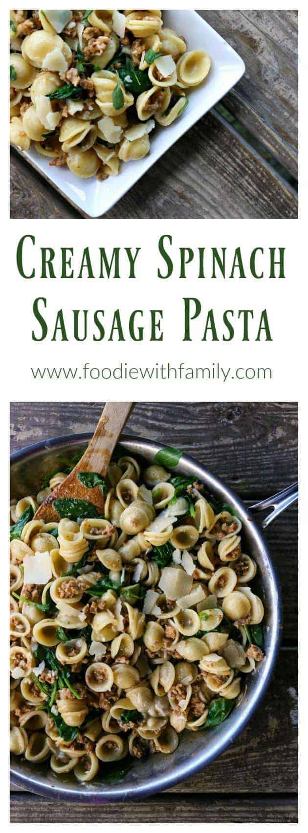 Creamy Spinach Sausage Pasta is a perfect, fast, weeknight meal that is good enough to serve to company.