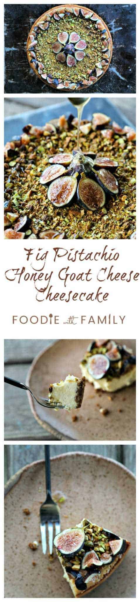 Ultra-creamy, not too sweet, and a feast-for-the-eyes while still being simple to make, this vanilla bean flecked Fig Pistachio Honey Goat Cheese Cheesecake is a show stopper!