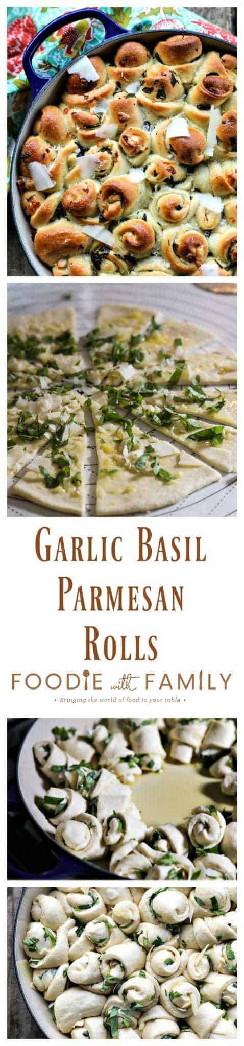 Garlic Basil Parmesan Rolls are my idea of a perfect bread. Perfect bread dough brushed with garlic infused olive oil and rolled around chopped garlic, fresh basil, and flakes of creamy, nutty Parmesan cheese then baked up to a beautiful, golden brown, tender-yet-chewy work of art.