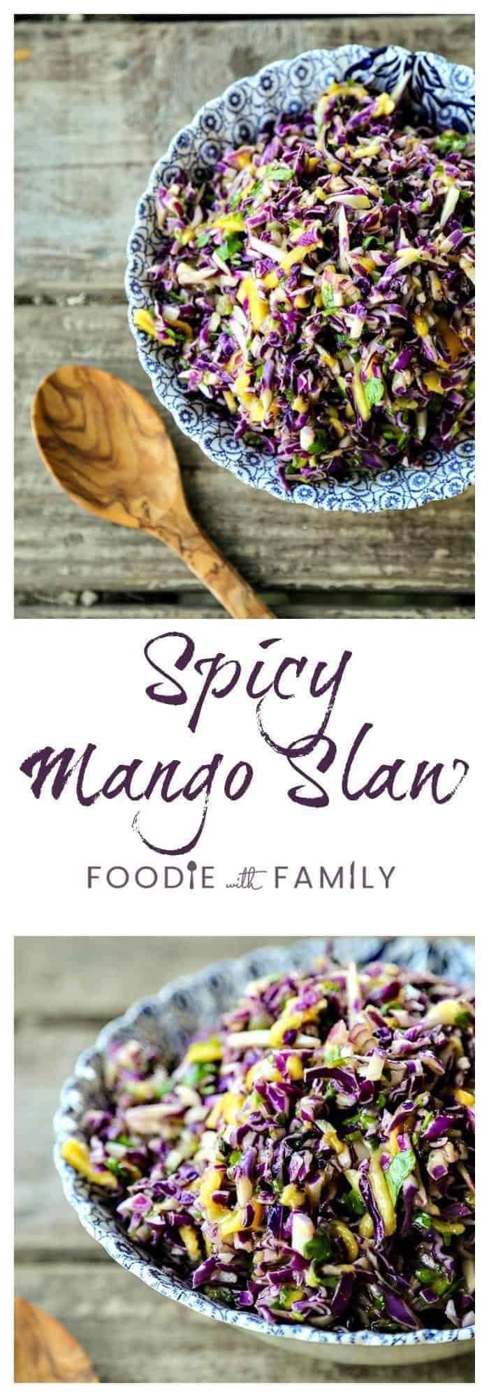 Spicy Mango Slaw is crunchy purple cabbage with a hint of tropical sweetness from just barely ripe mango, and the tart and tangy lime juice and honey dressing gets a flavour boost from minced red onion and fragrant cilantro.