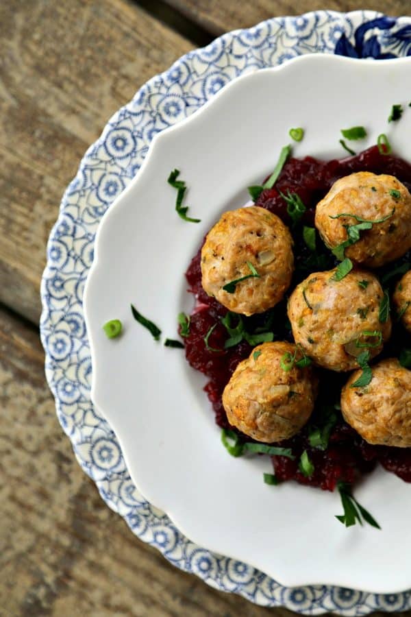 There's nothing boring about these turkey and stuffing meatballs made with cornbread stuffing mix & onions, celery, sage, and garlic softened in butter.